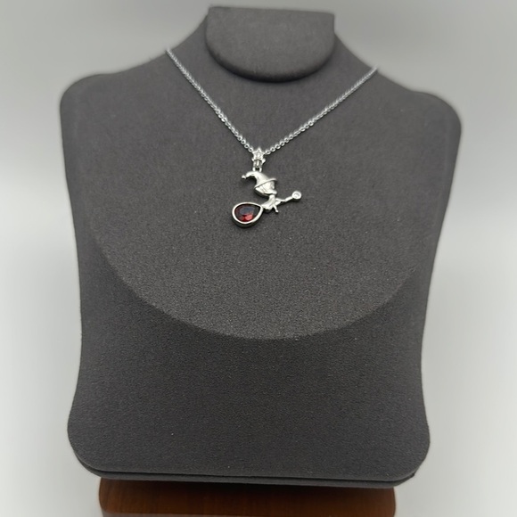 Silver 925 Witch on Broomstick Pendant with. Garnet Stone and Silver 925 Chain - Picture 2 of 13
